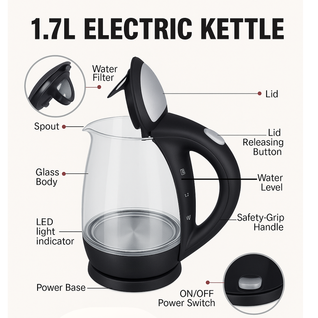 Electric Kettle 1.7L Glass – Fast Boil 2200W Water Boiler, BPA-Free, Cordless, LED Light, Auto Shut-Off, Boil-Dry Protection, Black Borosilicate Glass Kettle