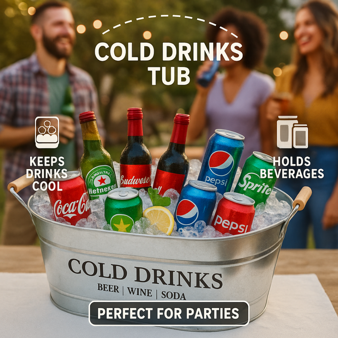 Trendi 20L Large Oval Party Tub – Galvanized Steel Beverage Cooler with Wooden Handles, Ice Bucket for Indoor/Outdoor Use, Ideal for BBQs, Parties, Events, and Drink Serving