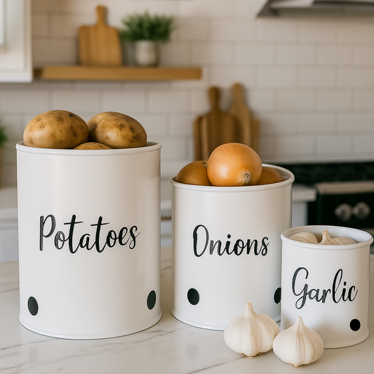 3 Pack Vegetable Storage Tins – Stackable White Round Metal Canisters for Potato, Onion & Garlic – Kitchen Pantry Organizer Jars with Bamboo Lids & Air Vents – Cylindrical Fresh Keeper Caddies