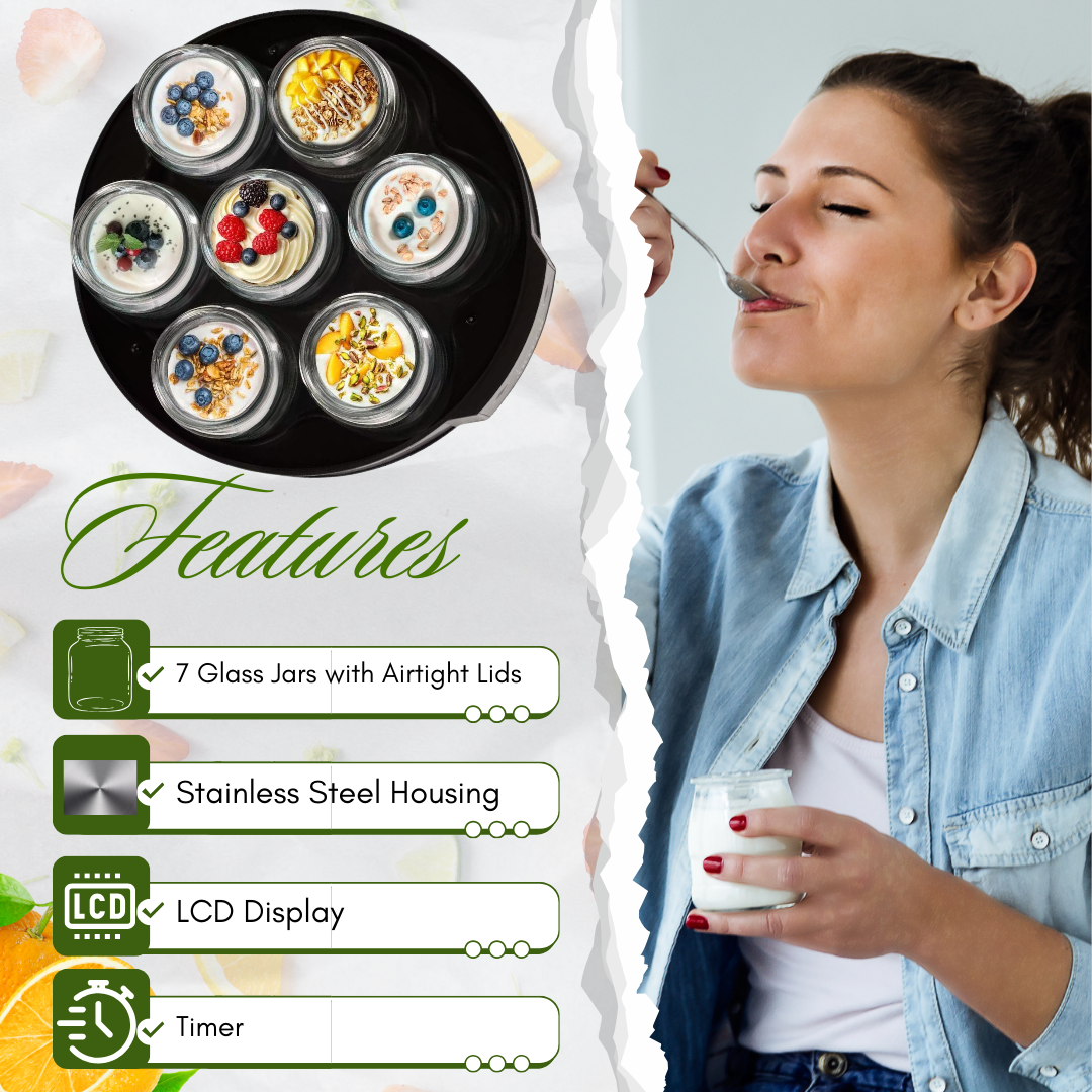 Trendi Digital Yoghurt Maker with 7 Glass Jars – Electric, Compact, Stainless Steel Machine with LED Display & Timer – 180ml Glass Containers – for Fresh, Healthy Homemade Desserts