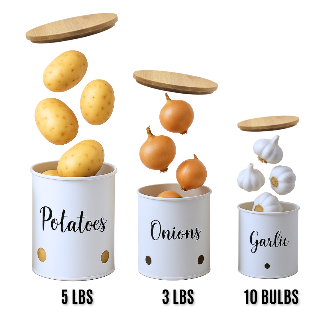 3 Pack Vegetable Storage Tins – Stackable White Round Metal Canisters for Potato, Onion & Garlic – Kitchen Pantry Organizer Jars with Bamboo Lids & Air Vents – Cylindrical Fresh Keeper Caddies