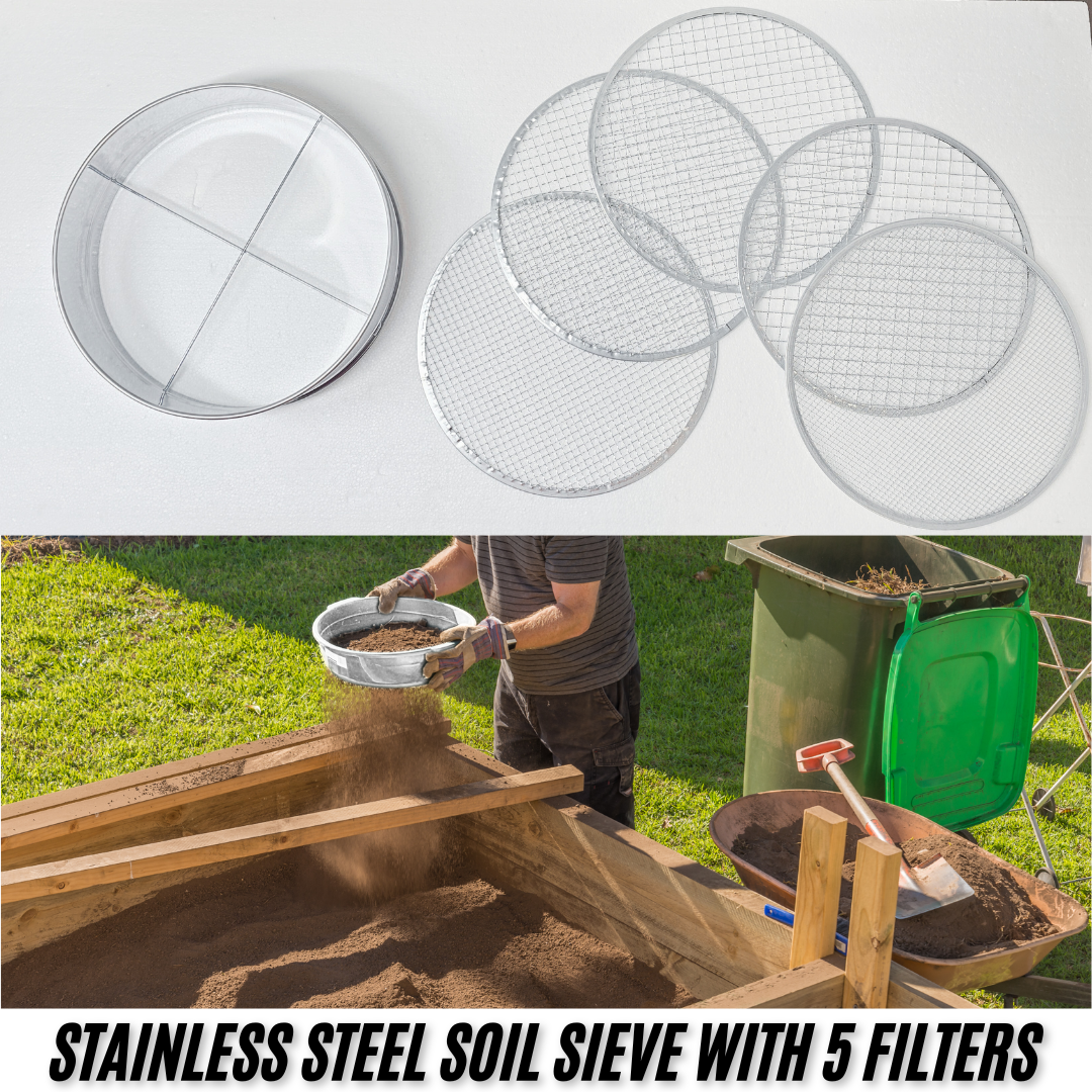 Trendi 5Pcs Stainless Steel Soil Sieve Set – Garden Compost Sifter with 5 Mesh Inserts (3/5/8/10/12mm) – Sifting Pan for Soil, Sand, Weeds, Cat Litter