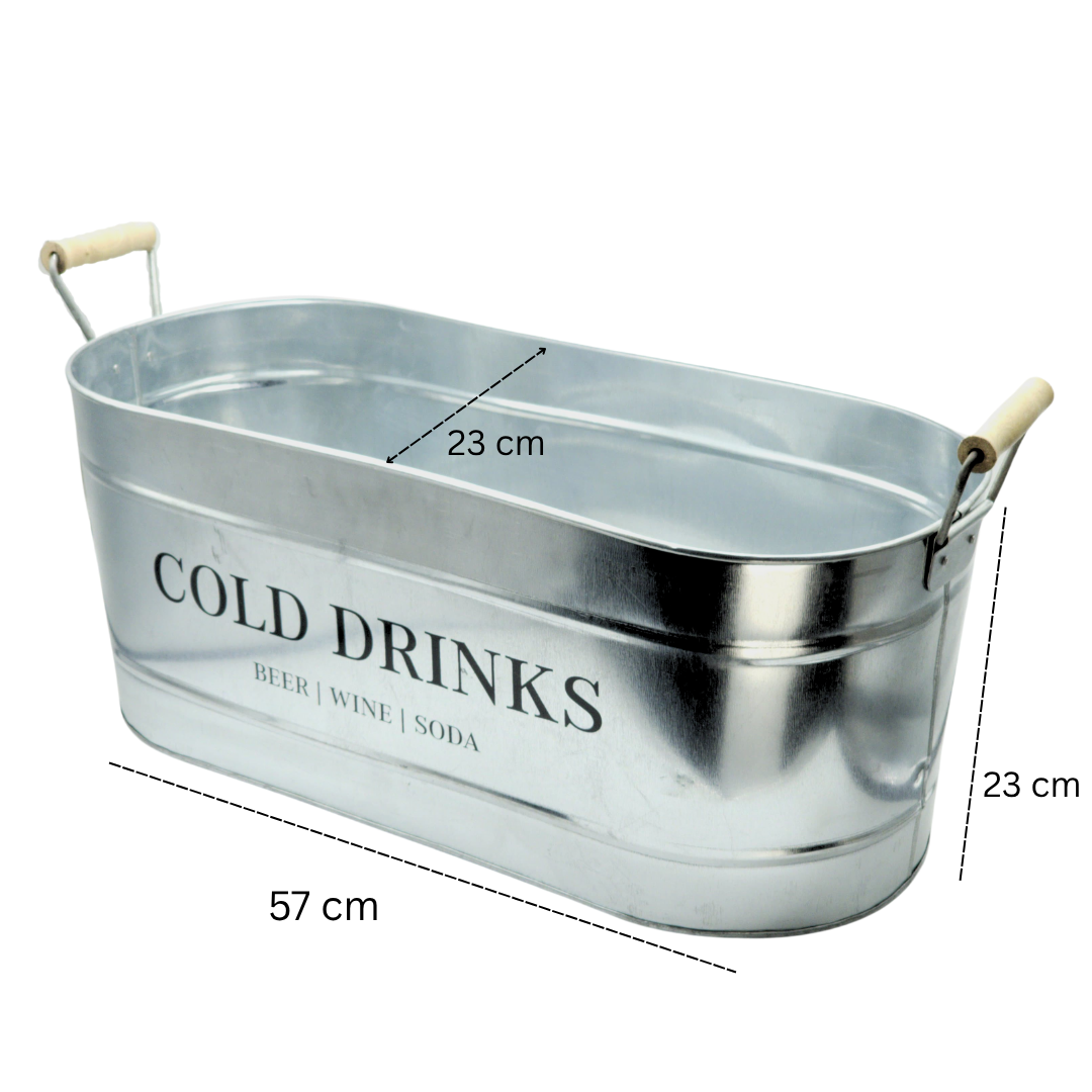 Trendi 20L Large Oval Party Tub – Galvanized Steel Beverage Cooler with Wooden Handles, Ice Bucket for Indoor/Outdoor Use, Ideal for BBQs, Parties, Events, and Drink Serving