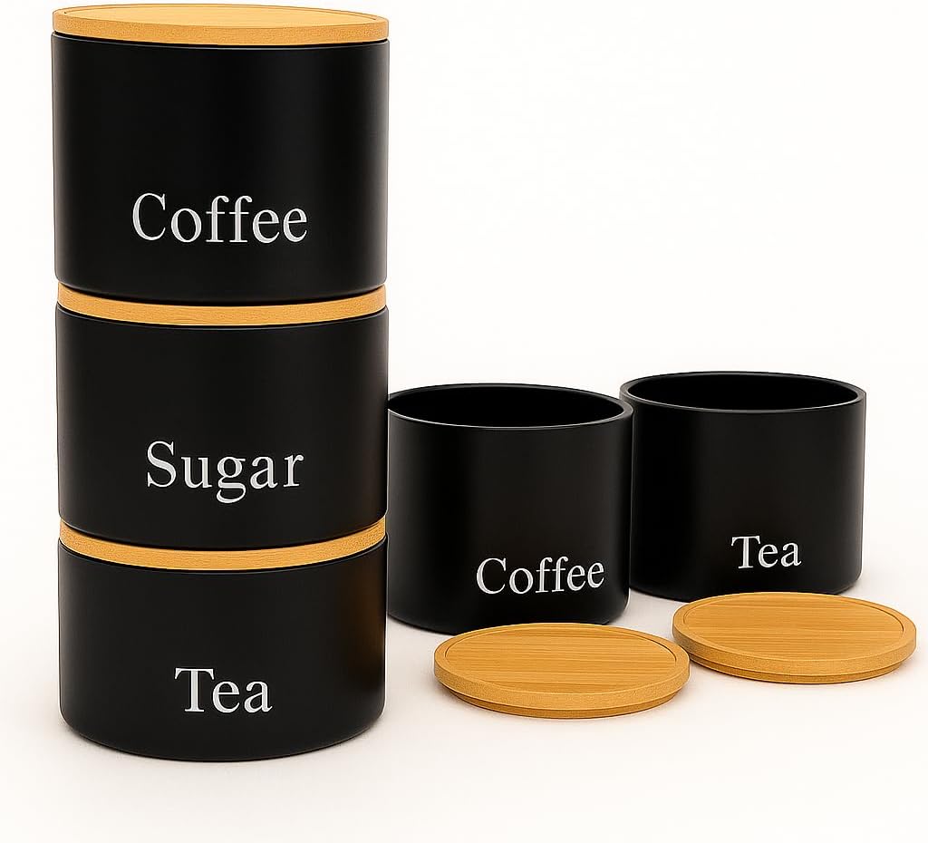 Set of 3 Tea, Coffee & Sugar Stackable Airtight Canisters- Black Storage Jars with Bamboo Lids – Easy to Open, Labelled Containers for Organized Kitchen Storage