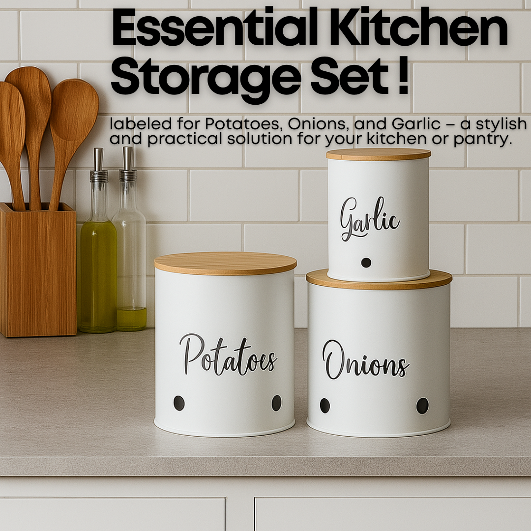 3 Pack Vegetable Storage Tins – Stackable White Round Metal Canisters for Potato, Onion & Garlic – Kitchen Pantry Organizer Jars with Bamboo Lids & Air Vents – Cylindrical Fresh Keeper Caddies