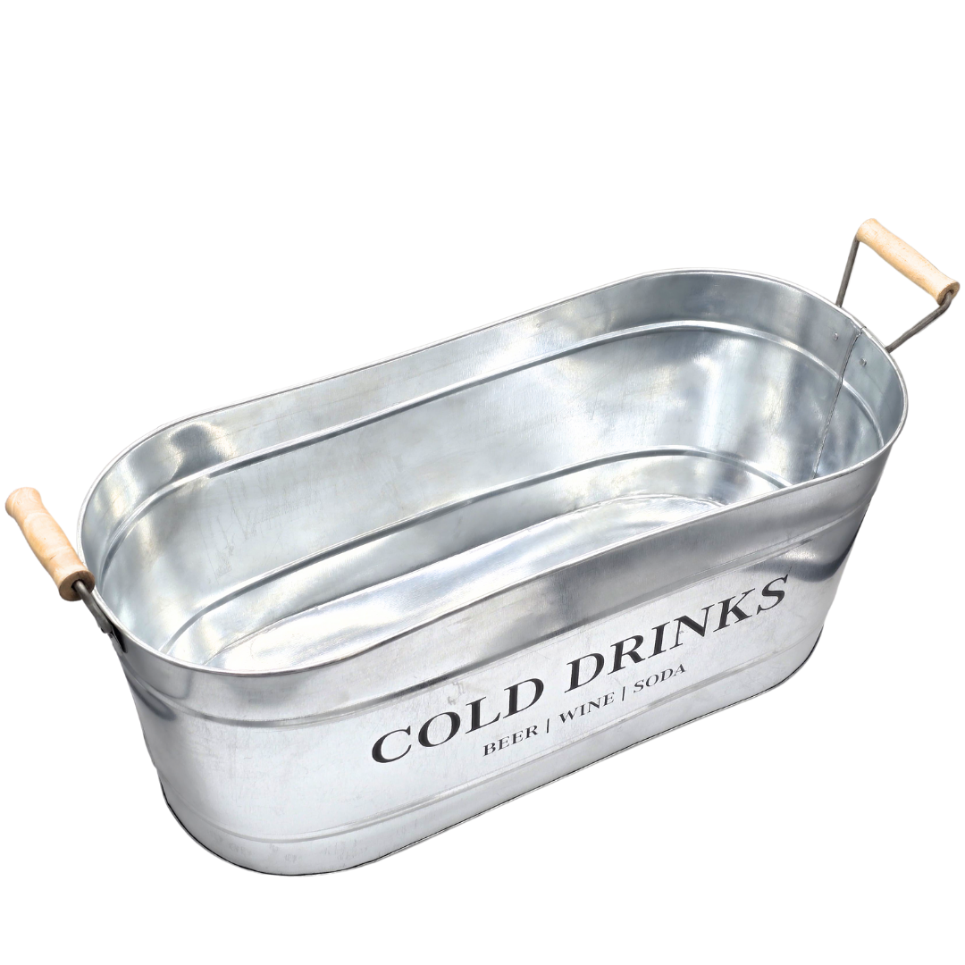 Trendi 20L Large Oval Party Tub – Galvanized Steel Beverage Cooler with Wooden Handles, Ice Bucket for Indoor/Outdoor Use, Ideal for BBQs, Parties, Events, and Drink Serving