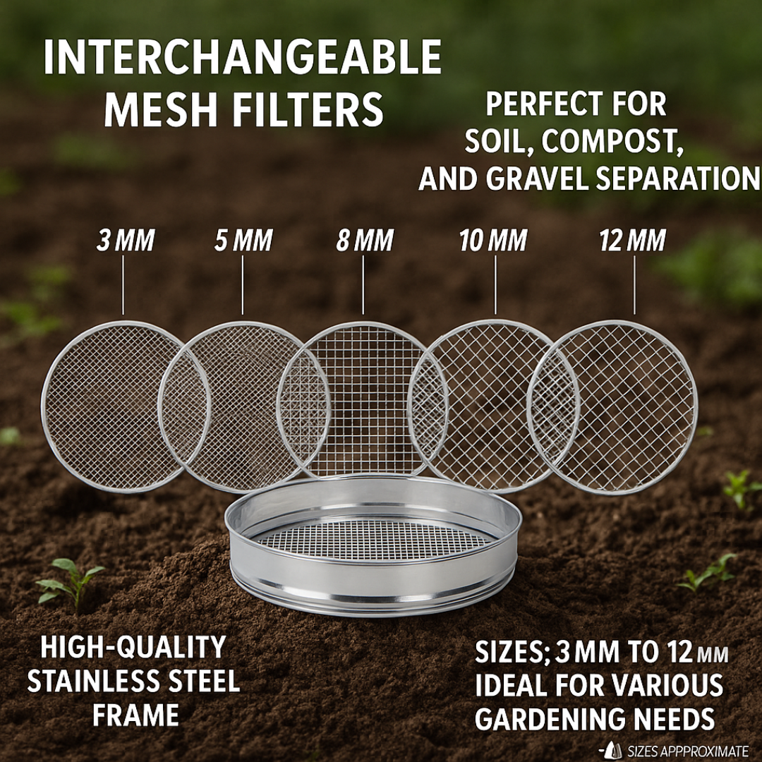 Trendi 5Pcs Stainless Steel Soil Sieve Set – Garden Compost Sifter with 5 Mesh Inserts (3/5/8/10/12mm) – Sifting Pan for Soil, Sand, Weeds, Cat Litter