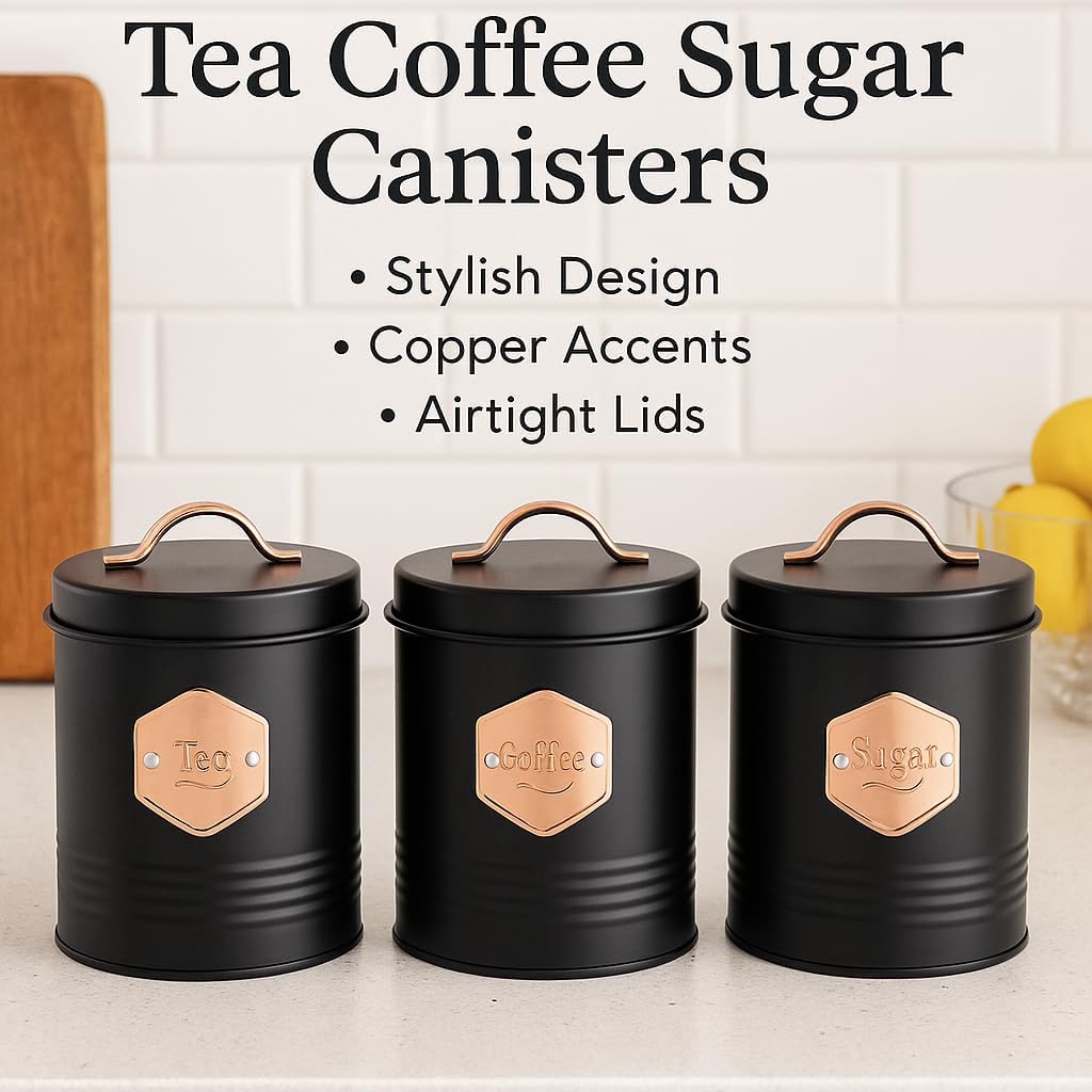 5-Piece Airtight Kitchen Canister Set – Tea, Coffee, Sugar, Bread & Biscuit Storage Tins – Labelled Containers for Pantry/Kitchen Organization – Stylish Black & Copper Design