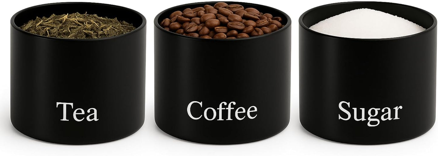 Set of 3 Tea, Coffee & Sugar Stackable Airtight Canisters- Black Storage Jars with Bamboo Lids – Easy to Open, Labelled Containers for Organized Kitchen Storage