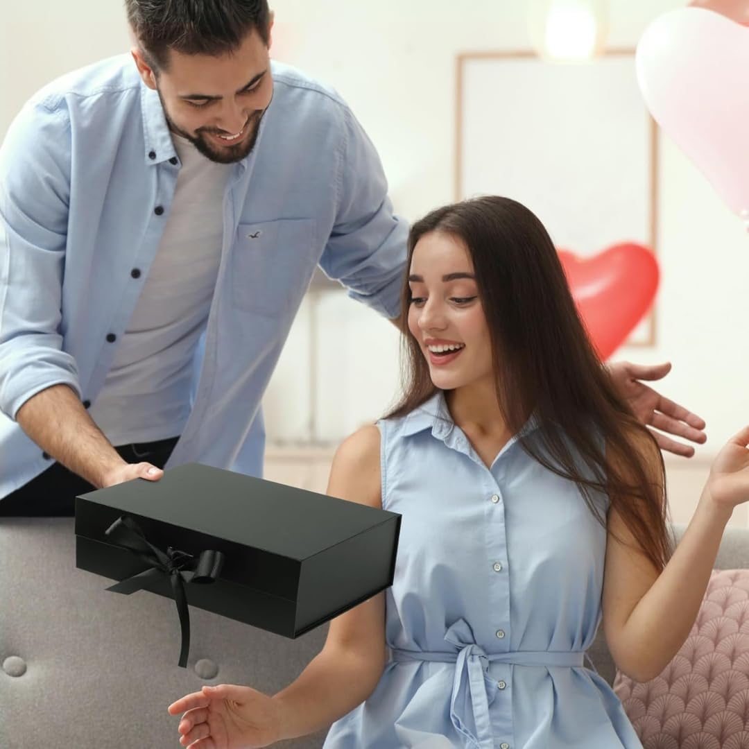 Trendi Premium Gift Box 21×21×9 cm with Bow Ribbon – Medium Luxury Folding Gift Box with Magnetic Closure | Reusable Elegant Present Box for Weddings, Birthdays & Holidays