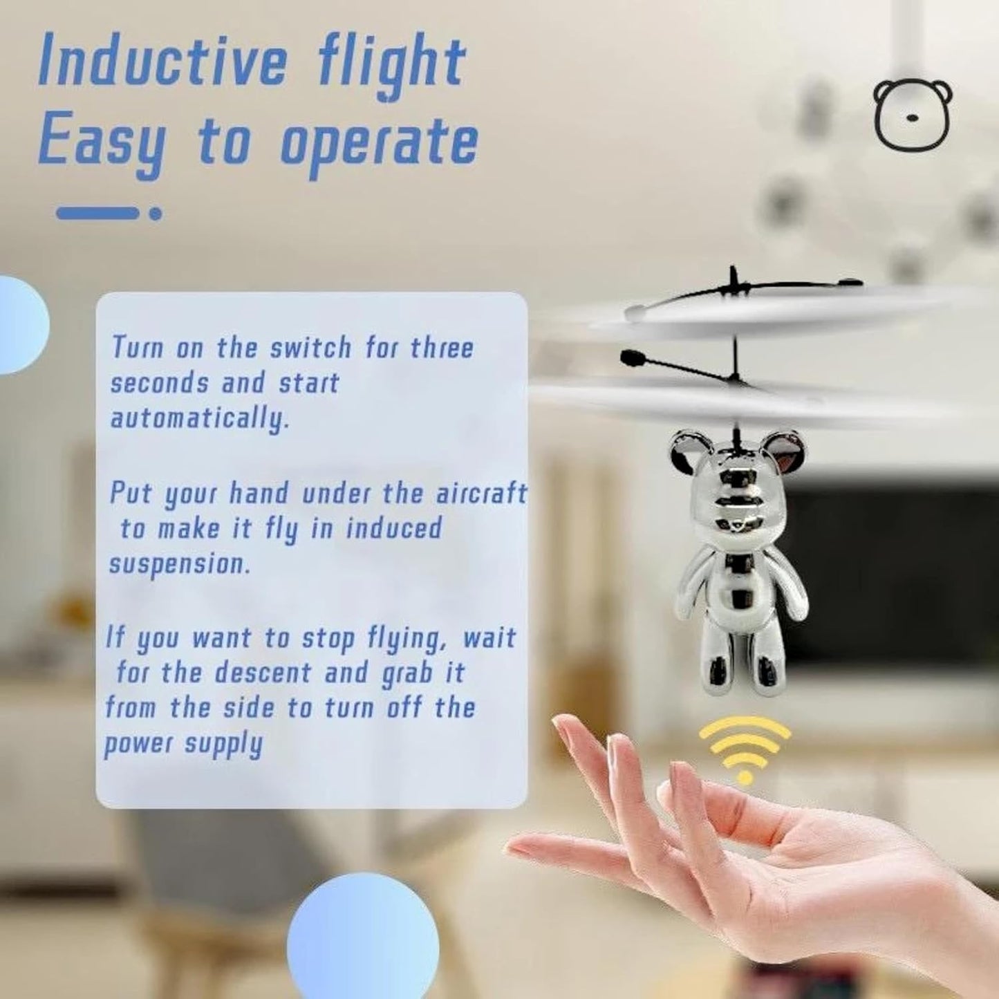 Trendi Rotary Flying Bear Helicopter Toy – Hand Sensor Induction Control Aircraft with LED Lights – USB Rechargeable Gesture Controlled Flying Toy for Kids & Adults – Indoor