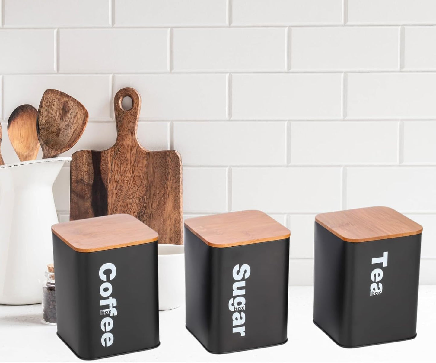 Tea Coffee Sugar Storage Set – 1000ml Kitchen Storage Containers | 3pc Airtight Canister Set with Bamboo Lids | Storage Jars for Tea, Coffee & Sugar