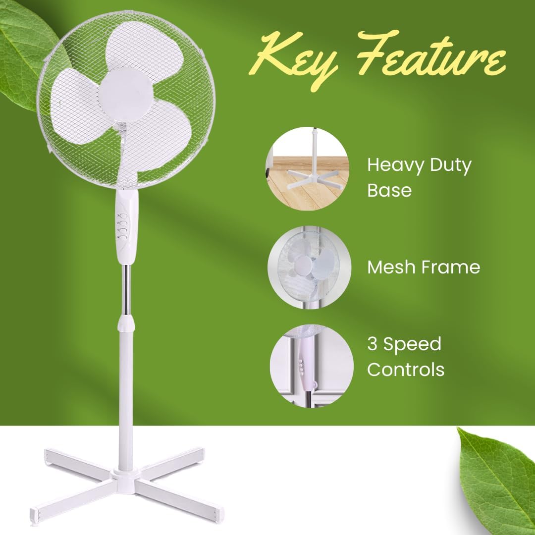16” Pedestal Fan – Powerful 3-Speed Oscillating Standing Fan with Mesh Guard & Adjustable Height | Quiet Cooling Solution for Home & Office