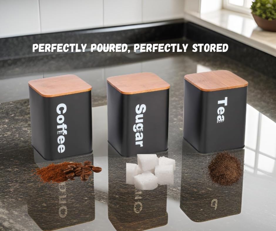 Tea Coffee Sugar Storage Set – 1000ml Kitchen Storage Containers | 3pc Airtight Canister Set with Bamboo Lids | Storage Jars for Tea, Coffee & Sugar