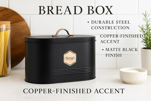 5-Piece Airtight Kitchen Canister Set – Tea, Coffee, Sugar, Bread & Biscuit Storage Tins – Labelled Containers for Pantry/Kitchen Organization – Stylish Black & Copper Design