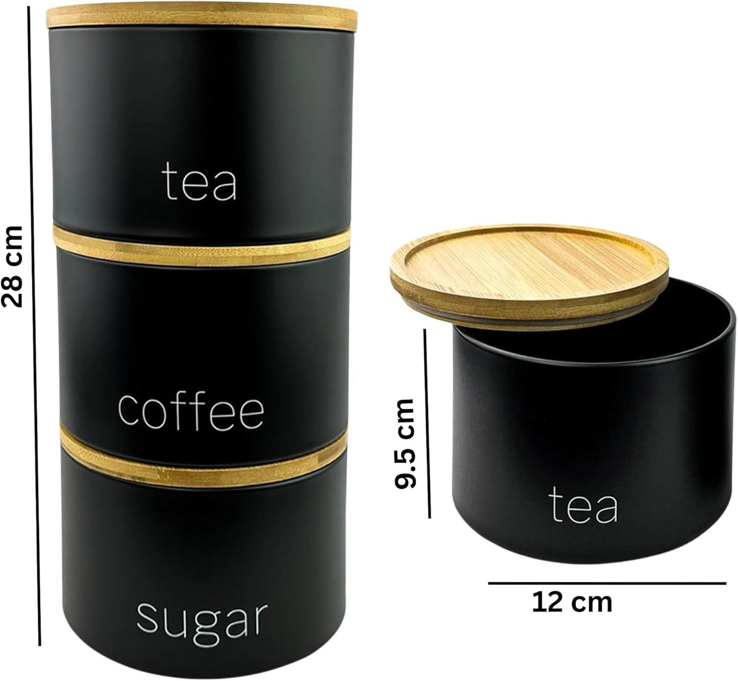 Set of 3 Tea, Coffee & Sugar Stackable Airtight Canisters- Black Storage Jars with Bamboo Lids – Easy to Open, Labelled Containers for Organized Kitchen Storage