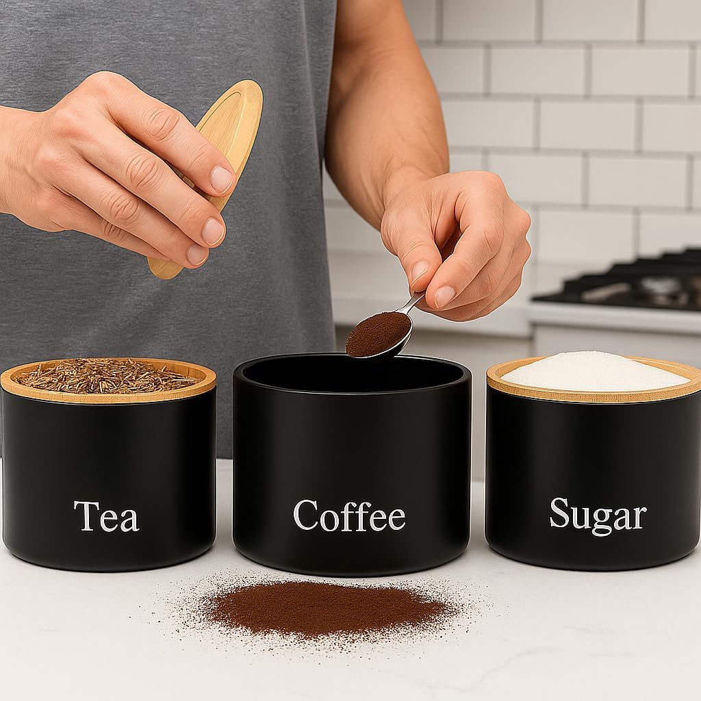 Set of 3 Tea, Coffee & Sugar Stackable Airtight Canisters- Black Storage Jars with Bamboo Lids – Easy to Open, Labelled Containers for Organized Kitchen Storage