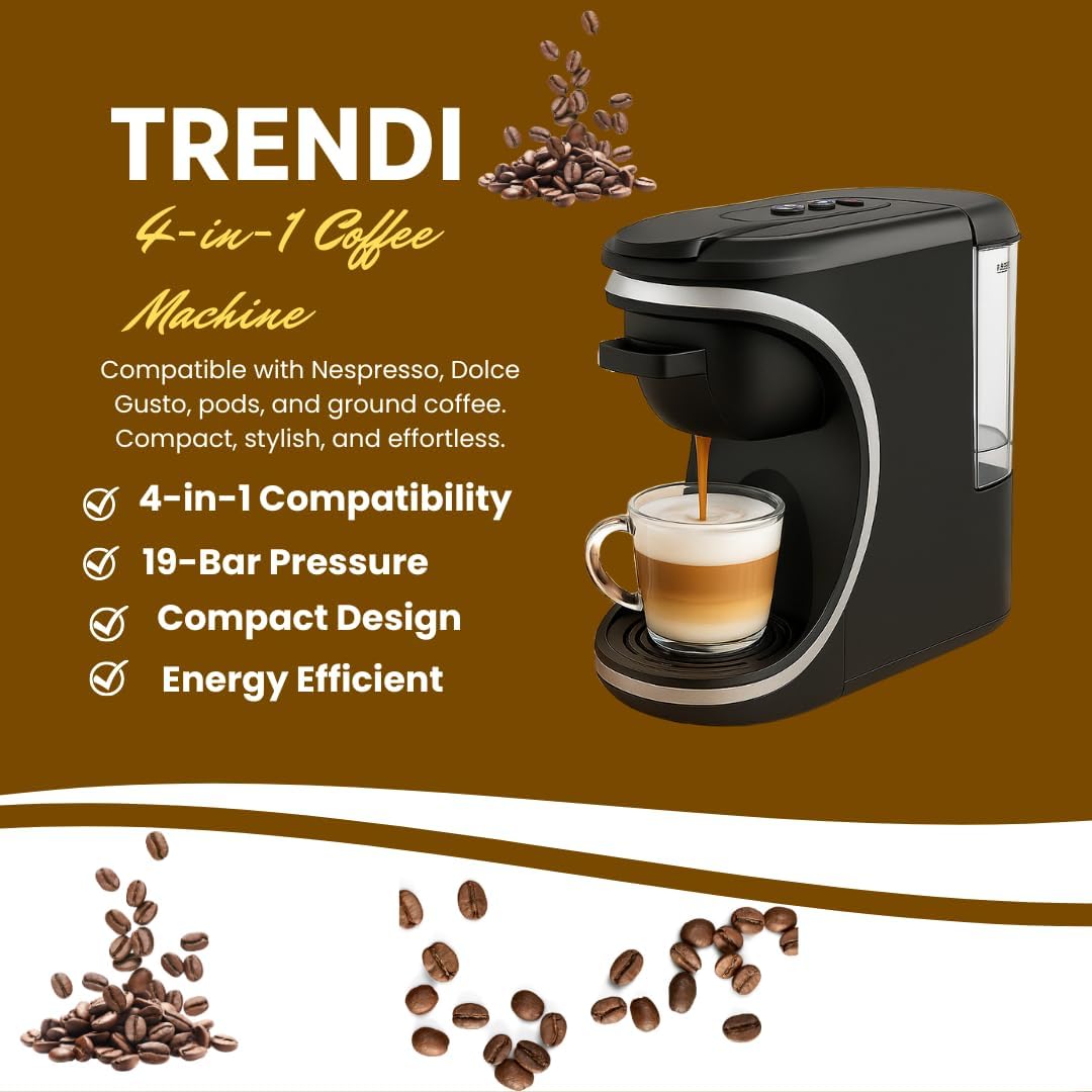 4-in-1 Capsule Coffee Maker Compatible with Nespresso, Dolce Gusto, Pods & Ground Coffee | 19 Bar Espresso Machine, 0.6L Tank, Fast Brew, Compact Design- Black