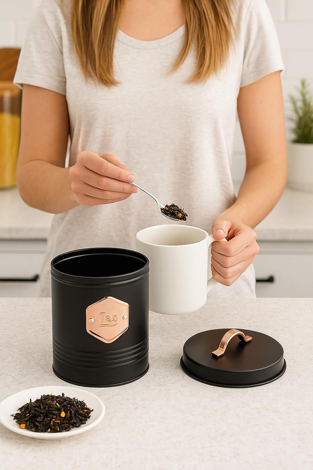 5-Piece Airtight Kitchen Canister Set – Tea, Coffee, Sugar, Bread & Biscuit Storage Tins – Labelled Containers for Pantry/Kitchen Organization – Stylish Black & Copper Design