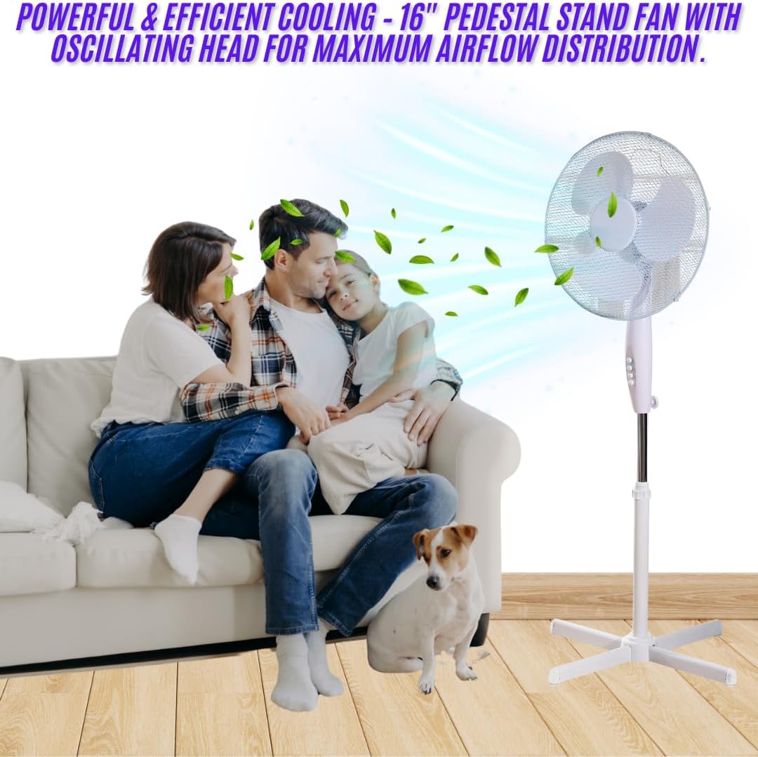 16” Pedestal Fan – Powerful 3-Speed Oscillating Standing Fan with Mesh Guard & Adjustable Height | Quiet Cooling Solution for Home & Office