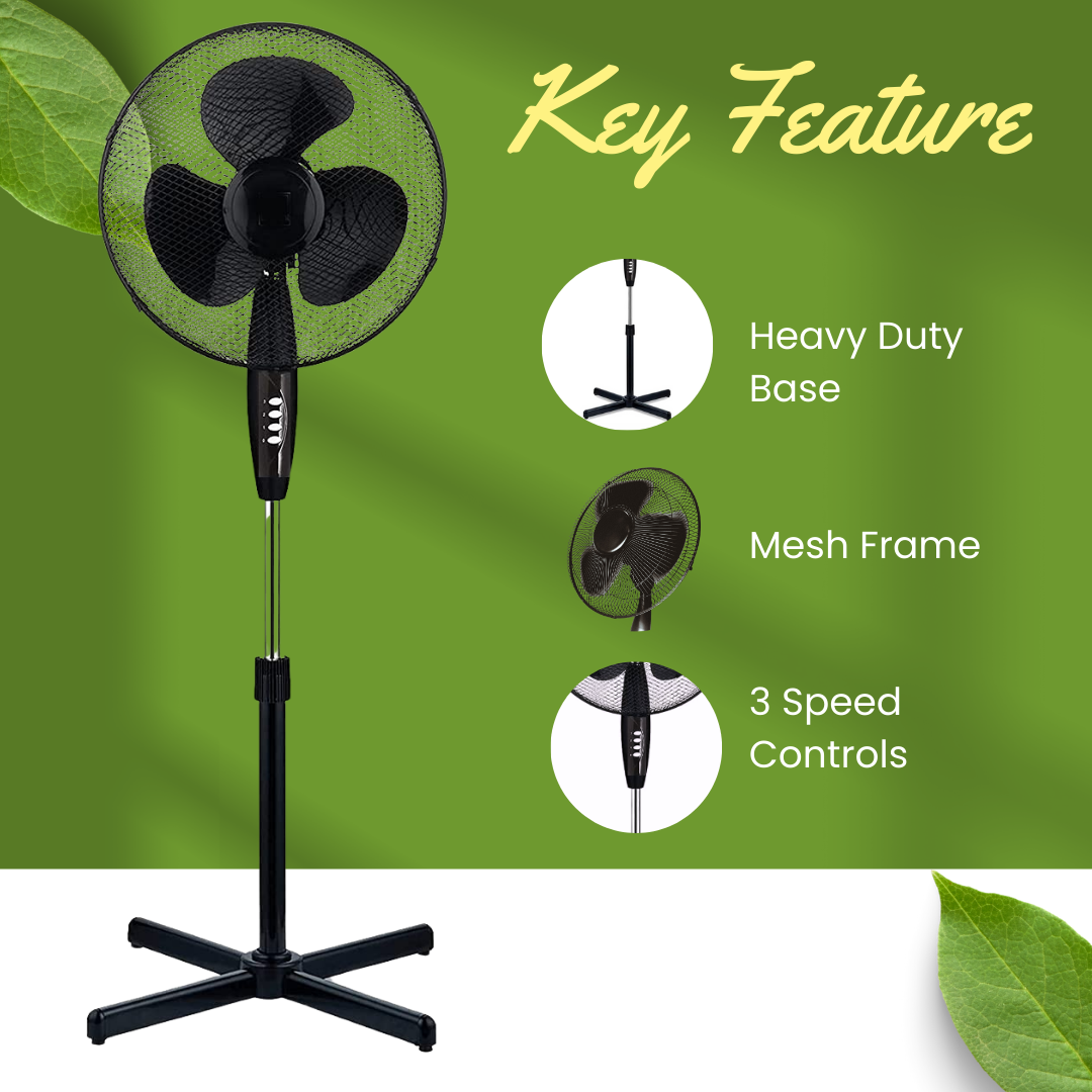 16” Pedestal Fan – Powerful 3-Speed Oscillating Standing Fan with Mesh Guard & Adjustable Height | Quiet Cooling Solution for Home & Office