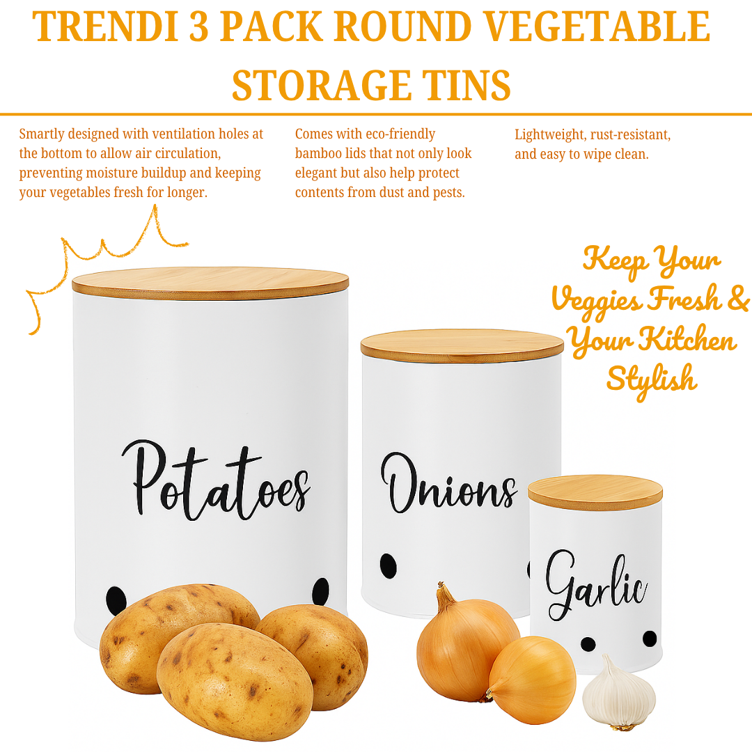 3 Pack Vegetable Storage Tins – Stackable White Round Metal Canisters for Potato, Onion & Garlic – Kitchen Pantry Organizer Jars with Bamboo Lids & Air Vents – Cylindrical Fresh Keeper Caddies