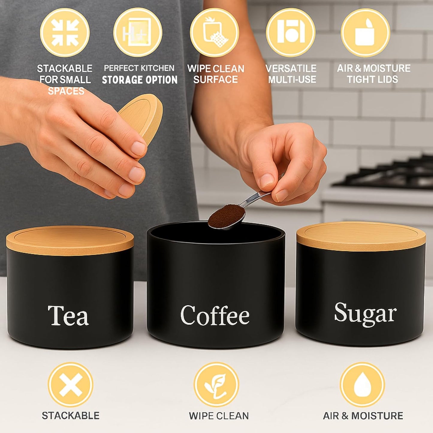 Set of 3 Tea, Coffee & Sugar Stackable Airtight Canisters- Black Storage Jars with Bamboo Lids – Easy to Open, Labelled Containers for Organized Kitchen Storage