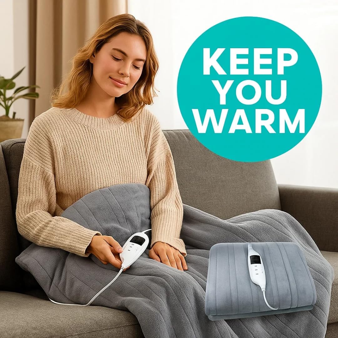 Trendi Electric Throw Blanket 120W Heated Blanket with Digital Controller, Overheat Protection, Machine Washable Soft Flannel – Grey Heated Throw for Sofa, Bed