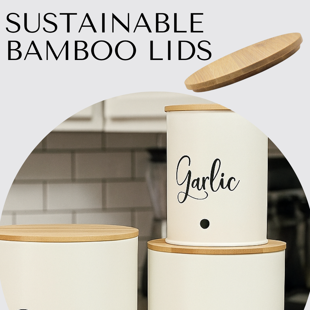 3 Pack Vegetable Storage Tins – Stackable White Round Metal Canisters for Potato, Onion & Garlic – Kitchen Pantry Organizer Jars with Bamboo Lids & Air Vents – Cylindrical Fresh Keeper Caddies