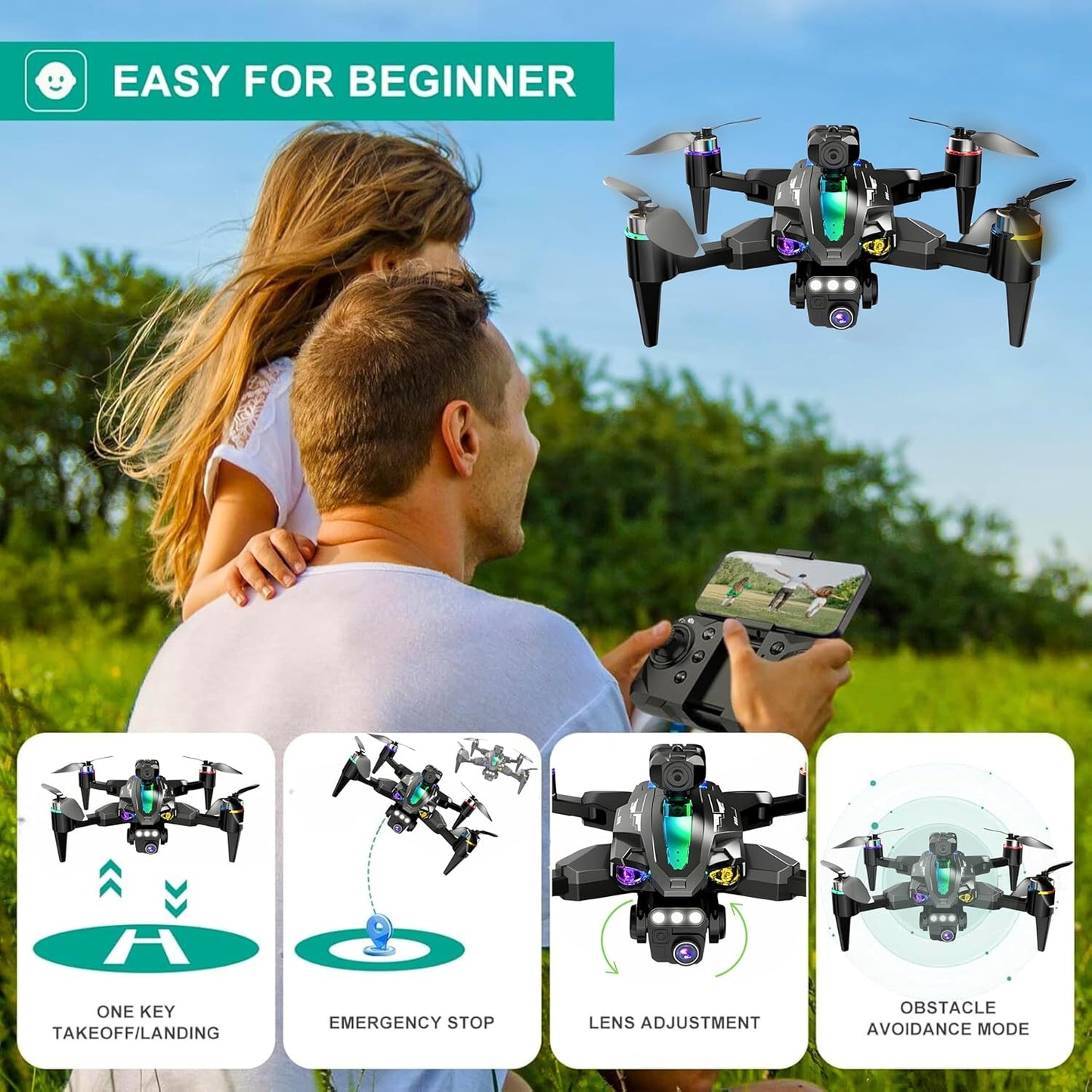 4K Camera Drone – Foldable Quadcopter with Dual HD Cameras, Obstacle Avoidance, Brushless Motor, Altitude Hold, 360° Flip, Headless Mode, Gesture Control & Carrying Case | 2 Batteries