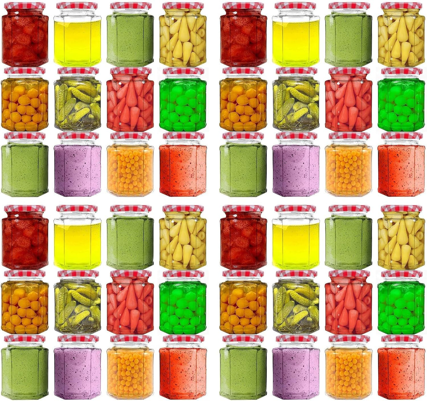 Glass Storage Jars with Lids | 280ml Airtight Glass Containers | Hexagonal Jar | Screw Top with Gingham Lids & Labels