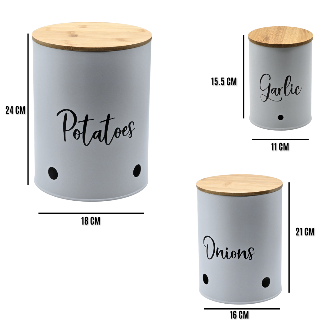 3 Pack Vegetable Storage Tins – Stackable White Round Metal Canisters for Potato, Onion & Garlic – Kitchen Pantry Organizer Jars with Bamboo Lids & Air Vents – Cylindrical Fresh Keeper Caddies