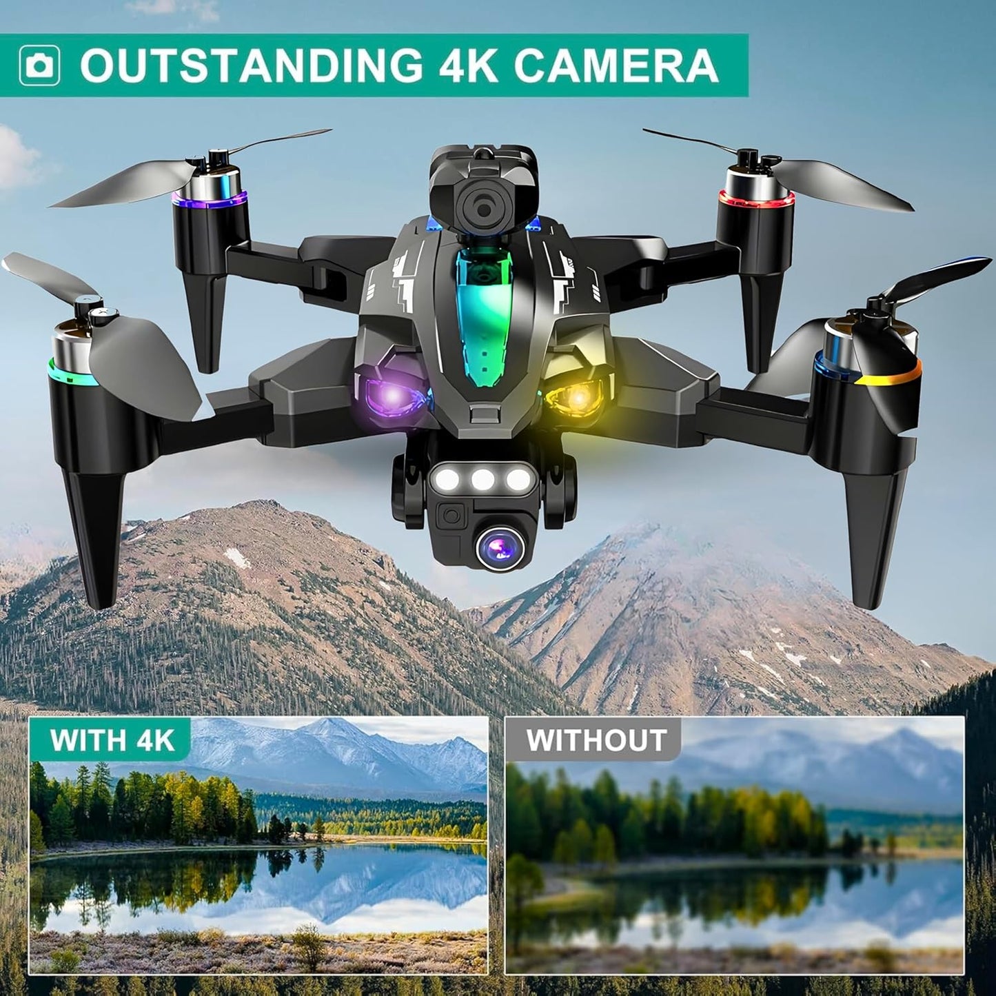 4K Camera Drone – Foldable Quadcopter with Dual HD Cameras, Obstacle Avoidance, Brushless Motor, Altitude Hold, 360° Flip, Headless Mode, Gesture Control & Carrying Case | 2 Batteries
