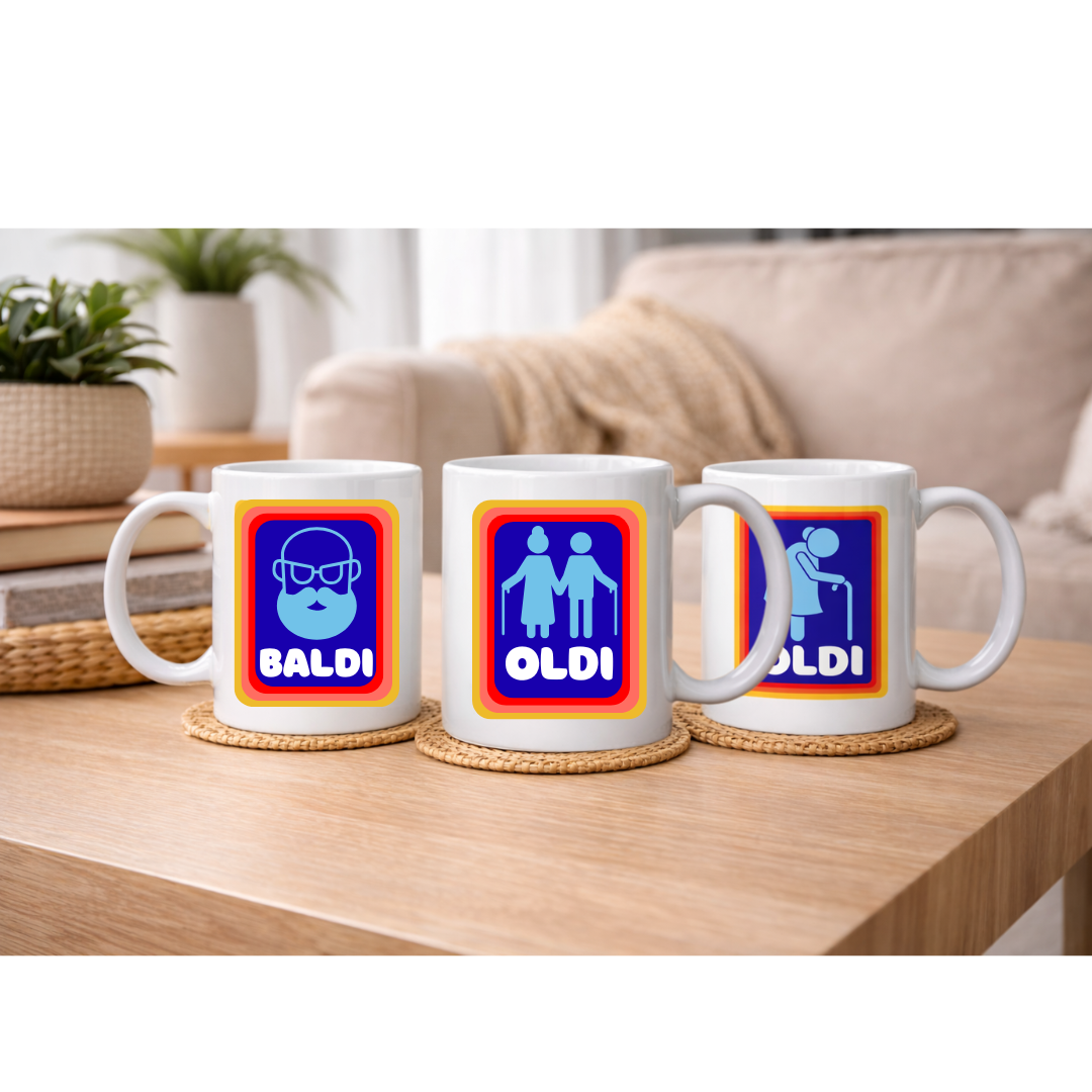 Oldi & Baldi Funny Mug — A Novelty Humor Coffee Mug Collection Featuring Old Age & Bald Jokes, Large 11oz White Ceramic Mug with Handle, Perfect Funny Gift for Birthdays, Retirement