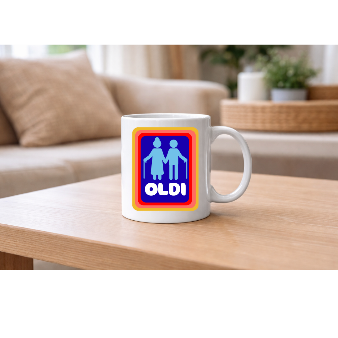 Oldi & Baldi Funny Mug — A Novelty Humor Coffee Mug Collection Featuring Old Age & Bald Jokes, Large 11oz White Ceramic Mug with Handle, Perfect Funny Gift for Birthdays, Retirement