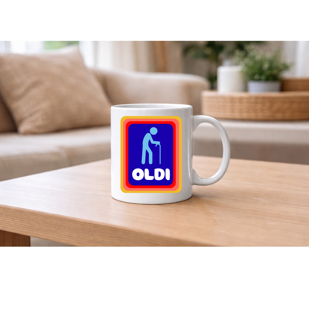 Oldi & Baldi Funny Mug — A Novelty Humor Coffee Mug Collection Featuring Old Age & Bald Jokes, Large 11oz White Ceramic Mug with Handle, Perfect Funny Gift for Birthdays, Retirement