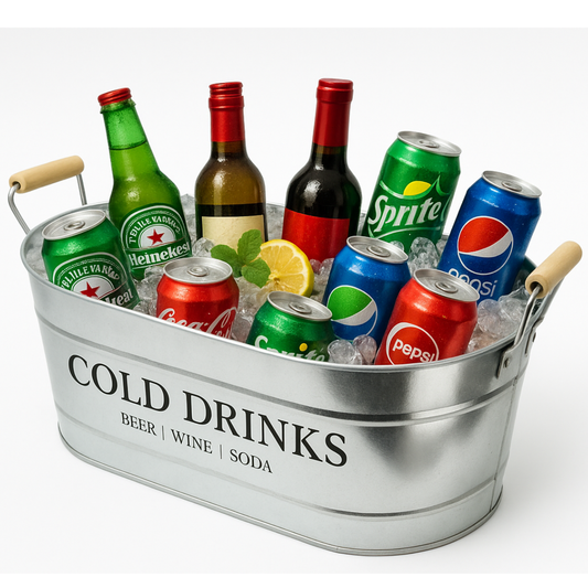 Trendi 20L Large Oval Party Tub – Galvanized Steel Beverage Cooler with Wooden Handles, Ice Bucket for Indoor/Outdoor Use, Ideal for BBQs, Parties, Events, and Drink Serving
