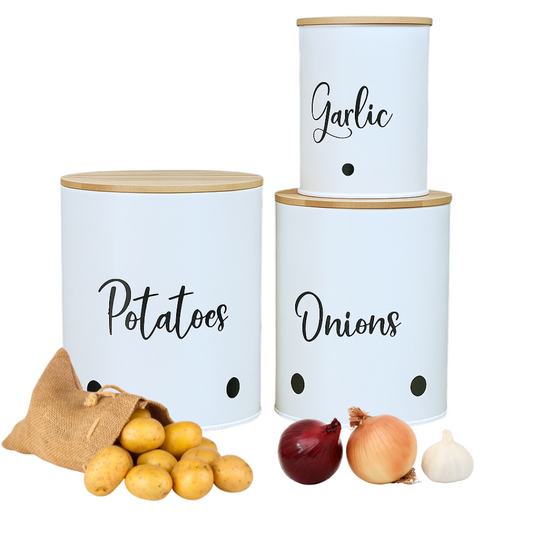 3 Pack Vegetable Storage Tins – Stackable White Round Metal Canisters for Potato, Onion & Garlic – Kitchen Pantry Organizer Jars with Bamboo Lids & Air Vents – Cylindrical Fresh Keeper Caddies
