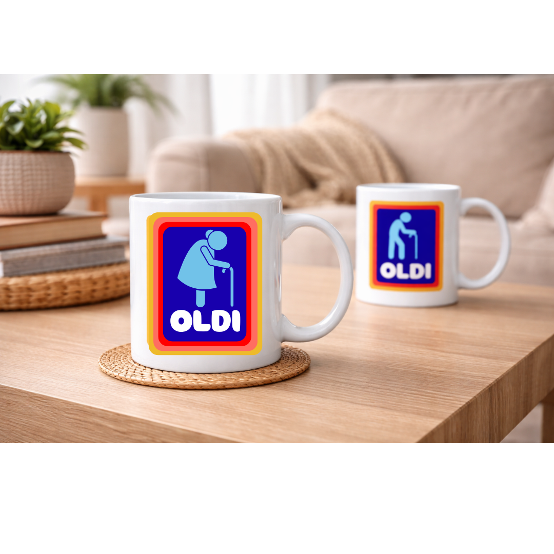 Oldi & Baldi Funny Mug — A Novelty Humor Coffee Mug Collection Featuring Old Age & Bald Jokes, Large 11oz White Ceramic Mug with Handle, Perfect Funny Gift for Birthdays, Retirement