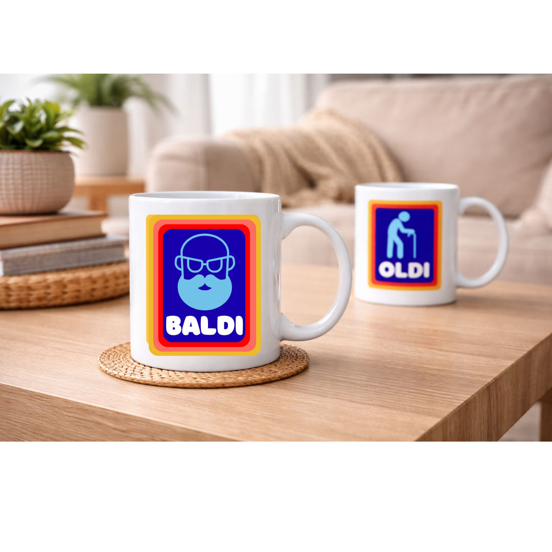 Oldi & Baldi Funny Mug — A Novelty Humor Coffee Mug Collection Featuring Old Age & Bald Jokes, Large 11oz White Ceramic Mug with Handle, Perfect Funny Gift for Birthdays, Retirement