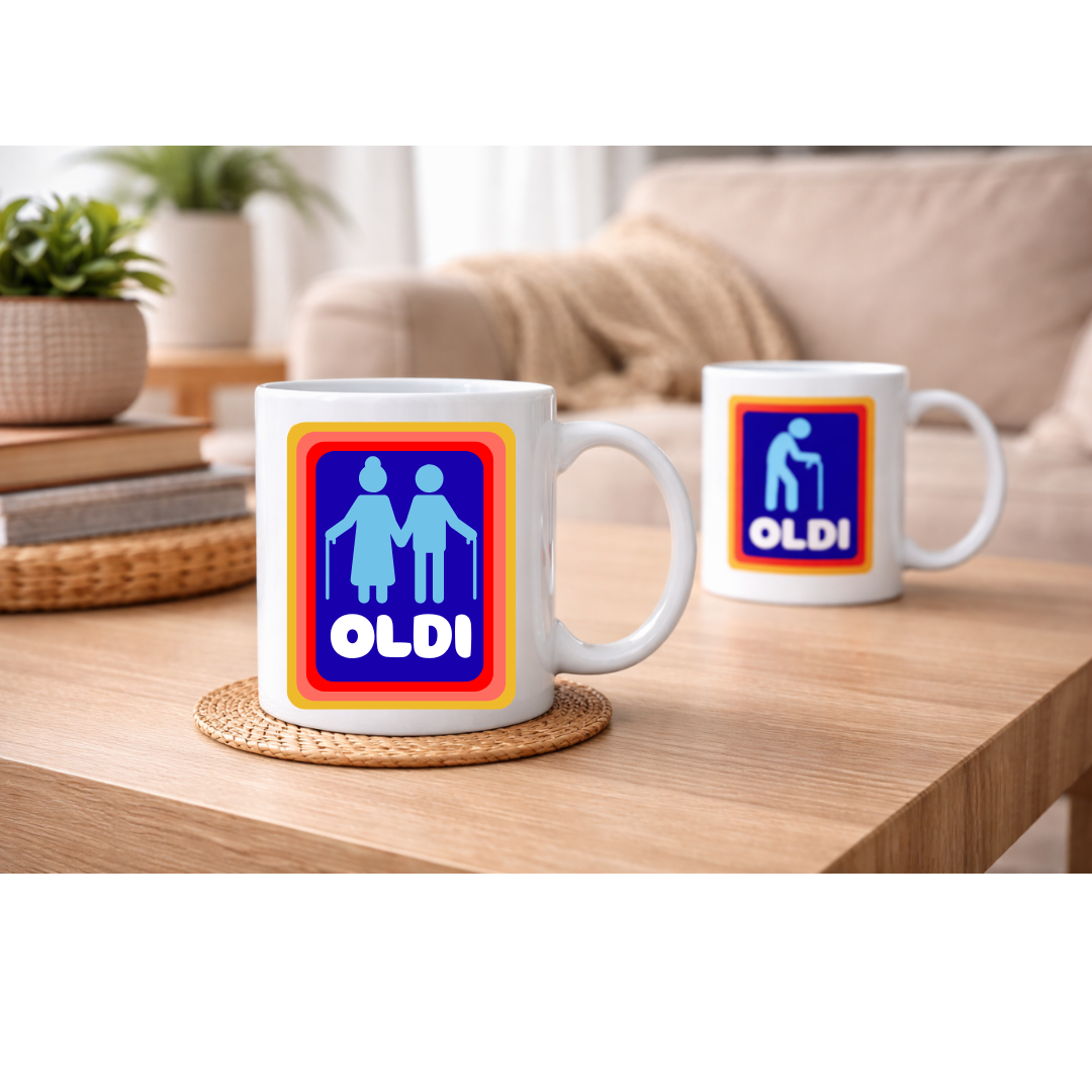 Oldi & Baldi Funny Mug — A Novelty Humor Coffee Mug Collection Featuring Old Age & Bald Jokes, Large 11oz White Ceramic Mug with Handle, Perfect Funny Gift for Birthdays, Retirement