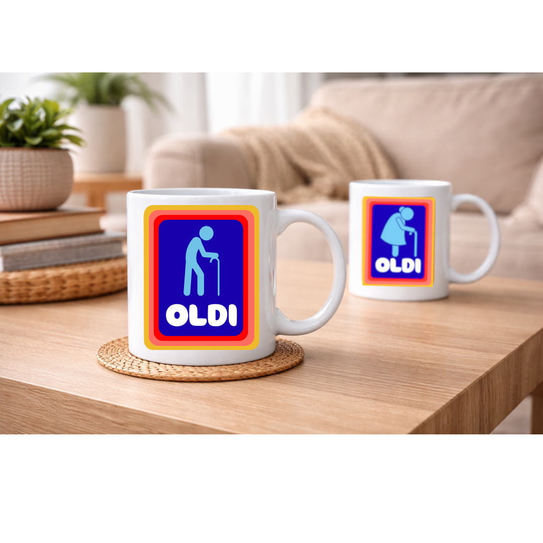 Oldi & Baldi Funny Mug — A Novelty Humor Coffee Mug Collection Featuring Old Age & Bald Jokes, Large 11oz White Ceramic Mug with Handle, Perfect Funny Gift for Birthdays, Retirement