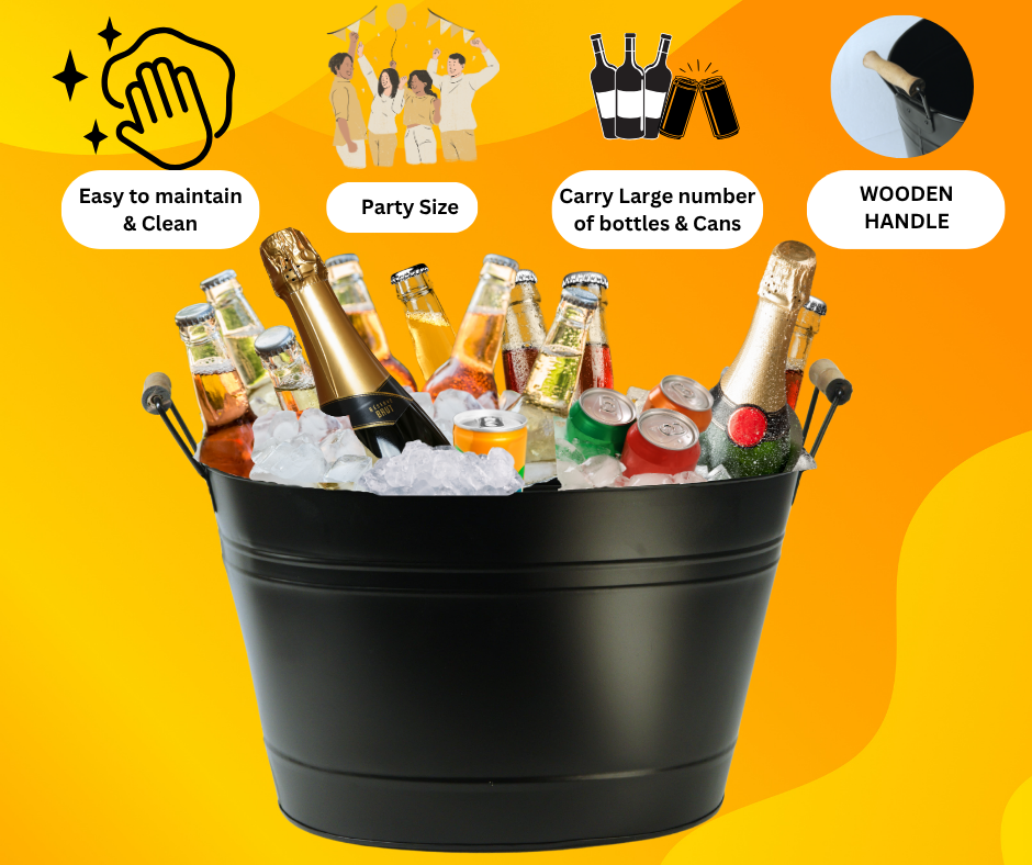 Trendi 24L Black Galvanised Steel Ice Bucket – Large Oval Drinks Cooler Tub for Parties, Wine, Beer, Cocktails, BBQs – Outdoor Beverage Chiller Pail