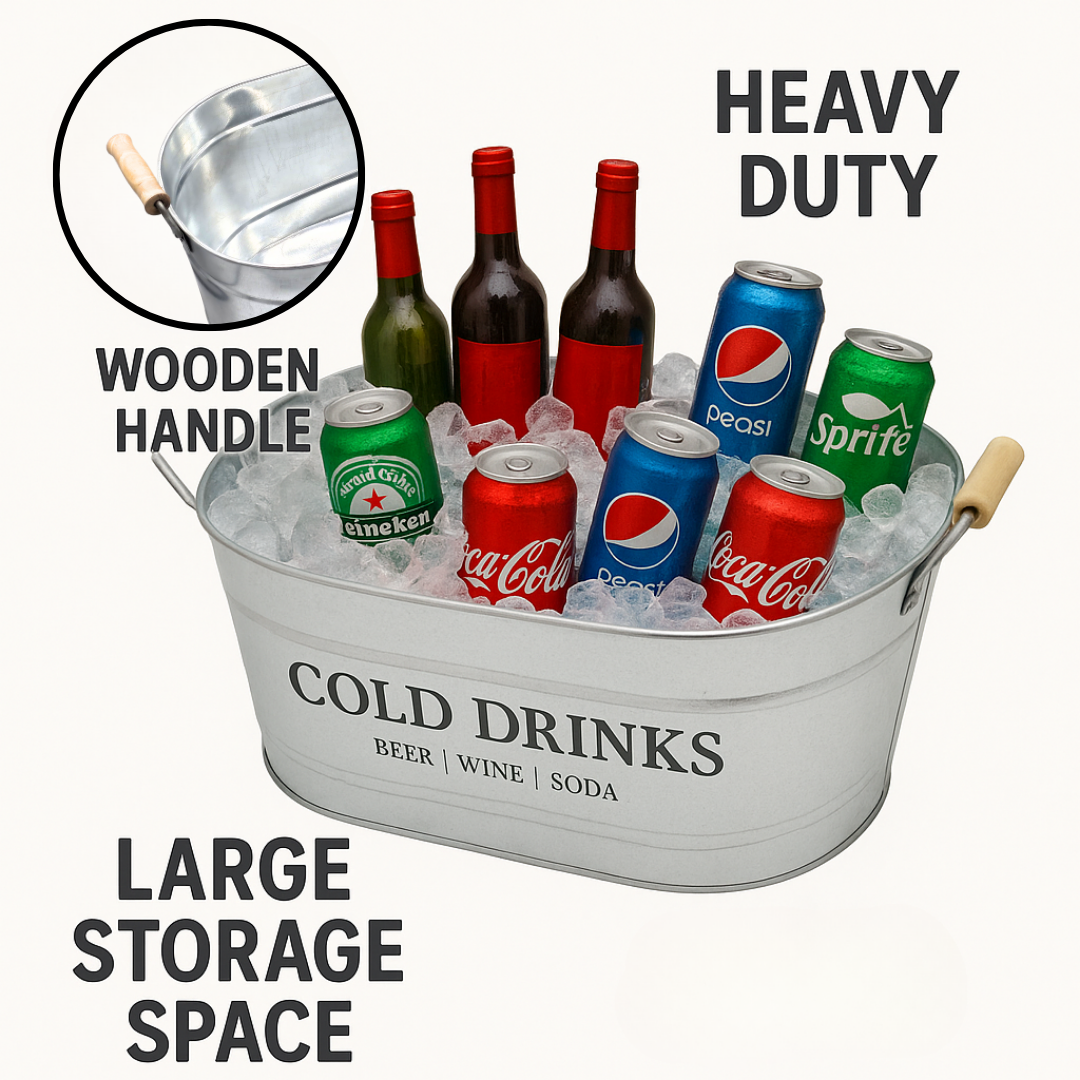 Trendi 20L Large Oval Party Tub – Galvanized Steel Beverage Cooler with Wooden Handles, Ice Bucket for Indoor/Outdoor Use, Ideal for BBQs, Parties, Events, and Drink Serving