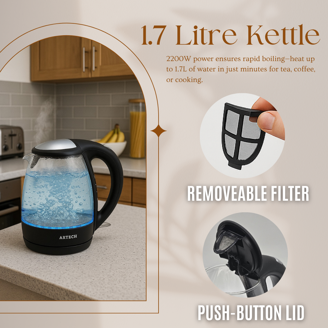 Electric Kettle 1.7L Glass – Fast Boil 2200W Water Boiler, BPA-Free, Cordless, LED Light, Auto Shut-Off, Boil-Dry Protection, Black Borosilicate Glass Kettle