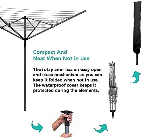 Heavy Duty 4 Arm 50 Metres Rotary Clothes Airer/Dryer Washing Line with Metal Ground Spike or socket and Waterproof Protective Cover Included Outdoor Laundry Washing Line Whirlygig (50m)