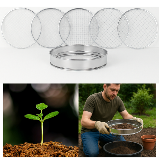 Trendi 5Pcs Stainless Steel Soil Sieve Set – Garden Compost Sifter with 5 Mesh Inserts (3/5/8/10/12mm) – Sifting Pan for Soil, Sand, Weeds, Cat Litter