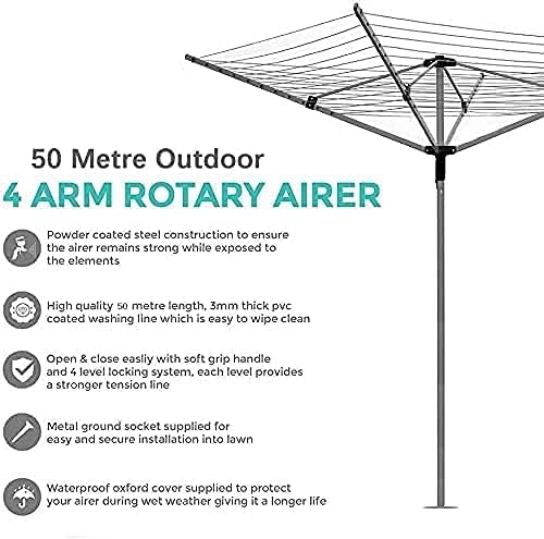 Heavy Duty 4 Arm 50 Metres Rotary Clothes Airer/Dryer Washing Line with Metal Ground Spike or socket and Waterproof Protective Cover Included Outdoor Laundry Washing Line Whirlygig (50m)