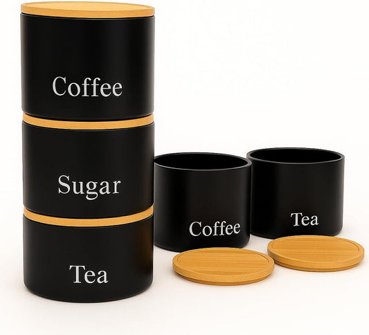 Set of 3 Tea, Coffee & Sugar Stackable Airtight Canisters- Black Storage Jars with Bamboo Lids – Easy to Open, Labelled Containers for Organized Kitchen Storage