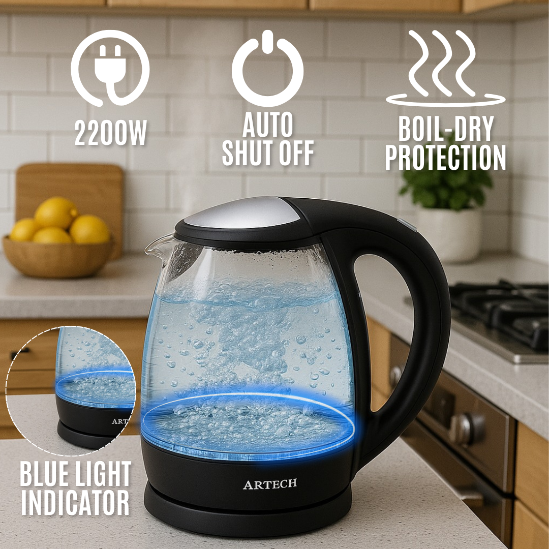 Electric Kettle 1.7L Glass – Fast Boil 2200W Water Boiler, BPA-Free, Cordless, LED Light, Auto Shut-Off, Boil-Dry Protection, Black Borosilicate Glass Kettle